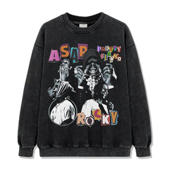 Hip Hop A $AP Rocky Printed Short Sleeve T-Shirt Washed Long Sleeve Loose Blockbuster Hooded Sweater Men