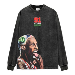 Vintage Rodman Printed T-Shirt Washed Long Sleeve Crew Neck Old Short Sleeve Hooded Sweater Men