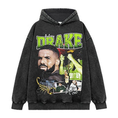 Vintage Drake Printed Short Sleeve T-Shirt Washed Old Long Sleeve Loose Hooded Sweater Men