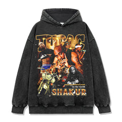 Tide tupac printed short-sleeved t-shirt washed old long-sleeved loose casual heavy hooded sweater men