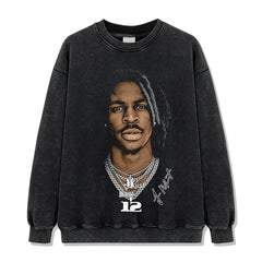 Vintage Morant Printed Short Sleeve T-Shirt Washed Long Sleeve Crew Neck Loose Hooded Sweater