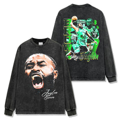 Vintage Jaylen Brown Double-Sided Printed Short Sleeve T-Shirt Washed Long Sleeve Loose Hooded Sweater