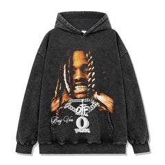 Hip Hop King Von Printed Washed Short Sleeve T-Shirt Crew Neck Long Sleeve Hooded Sweater Men