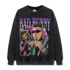 Bad Bunny Printed Short Sleeve T-Shirt Washed Long Sleeve Loose Casual Hooded Sweater Men