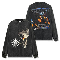 Vintage Yeat Double-Sided Printed Washed Short Sleeve T-Shirt Casual Crew Neck Loose Hooded Sweater