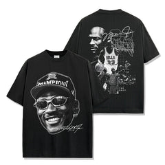 Vintage trapeze double-sided digital printing short-sleeved t-shirt loose heavy crew neck hooded sweater