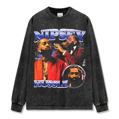 Hip Hop Nipsey Hussle Printed Short Sleeve T-Shirt Washed Long Sleeve Loose Casual Hooded Sweater
