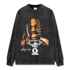 Hip Hop King Von Printed Washed Short Sleeve T-Shirt Crew Neck Long Sleeve Hooded Sweater Men
