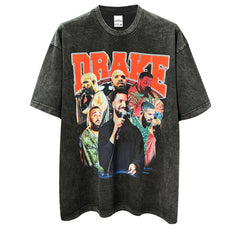 Vintage Hip Hop Drake Printed Short Sleeve T-Shirt Vintage Washed Loose Heavy Crew Neck T