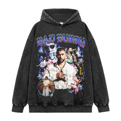 Hip Hop Bad Bunny Printed Short Sleeve T-Shirt Washed Long Sleeve Crew Neck Loose Hooded Sweater Men