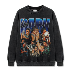 Hip Hop Babe Lil Baby Printed Washed Short Sleeve T-Shirt Crew Neck Long Sleeve Loose Hooded Sweater
