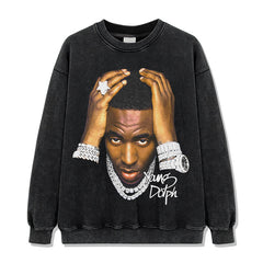 Young Dolph Print Short Sleeve T-Shirt Washed Long Sleeve Crew Neck Loose Hooded Sweatshirt Men