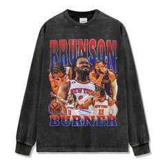 Vintage Tide Brunson JB Print Short Sleeve T-Shirt Washed Distressed Long Sleeve Loose Hooded Sweatshirt Men