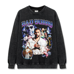 Hip Hop Bad Bunny Printed Short Sleeve T-Shirt Washed Long Sleeve Crew Neck Loose Hooded Sweater Men