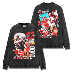 Vintage MJ Trapeze Double-Sided Printed Short Sleeve T-Shirt Heavy Long Sleeve Crew Neck Hooded Sweater Men