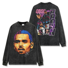 Hip Hop Brown Chris Brown Printed Washed Short Sleeve T-Shirt Crew Neck Heavy Loose Hooded Sweater Men