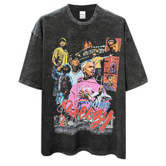 Vintage Chris Brown Printed Short Sleeve T-Shirt Washed Loose Heavy Cotton Small Neckline Tide T