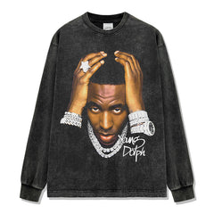 Young Dolph Print Short Sleeve T-Shirt Washed Long Sleeve Crew Neck Loose Hooded Sweatshirt Men