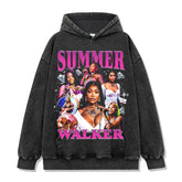 Summer Walker Printed Short Sleeve T-Shirt Washed Long Sleeve Loose Casual Hooded Sweater