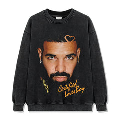 Vintage Drake Printed Short Sleeve T-Shirt Washed Old Long Sleeve Loose Hooded Sweater Men