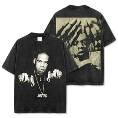 Vintage hip-hop rap Jay-Z printed short-sleeved T-shirt washed heavy cotton small neckline top trendy