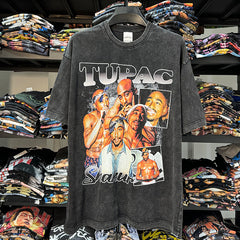 Vintage picture Parker tupac printed short-sleeved T-shirt washed round neck heavy cotton small neckline trendy t