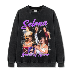 Selena Printed Short Sleeve T-Shirt Washed Old Long Sleeve Loose Casual Heavy Hooded Sweater Men