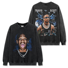 Vintage TRAVIS SCOTT Printed Short Sleeve T-Shirt Washed Long Sleeve Crew Neck Casual Hooded Sweater