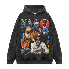 Vintage Nas Printed Short Sleeve T-Shirt Washed Old Long Sleeve Loose Casual Hooded Sweater Men