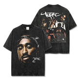 Vintage tupac print short-sleeved t-shirt Vintage loose heavyweight crew neck hooded sweater for men and women