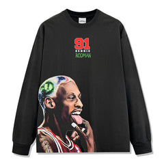 Vintage Rodman Printed T-Shirt Washed Long Sleeve Crew Neck Old Short Sleeve Hooded Sweater Men