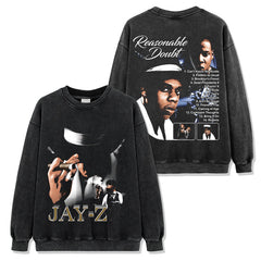 Retro hip-hop JAY-Z reversible print short sleeve t-shirt washed long sleeve loose hooded sweatshirt