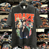 Vintage Hip Hop Drake Printed Short Sleeve T-Shirt Vintage Washed Loose Heavy Crew Neck T