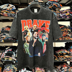 Vintage Hip Hop Drake Printed Short Sleeve T-Shirt Vintage Washed Loose Heavy Crew Neck T