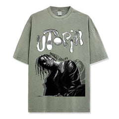 Vintage TS Hip Hop Travis Scott Printed Short Sleeve T-Shirt Washed Vintage Heavy Loose Crew Neck