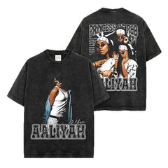 Hip Hop AALIYAH Printed Short Sleeve T-Shirt Washed Long Sleeve Loose Hooded Sweater