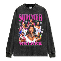 Summer Walker Printed Short Sleeve T-Shirt Washed Long Sleeve Loose Casual Hooded Sweater