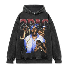 Hip hop tupac print short sleeve t-shirt washed distressed long sleeve loose casual heavy hooded sweatshirt