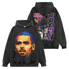 Hip Hop Brown Chris Brown Printed Washed Short Sleeve T-Shirt Crew Neck Heavy Loose Hooded Sweater Men