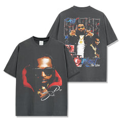 Hip Hop Smoke Print Short Sleeve T-Shirt Washed Long Sleeve Loose Hooded Sweater Men