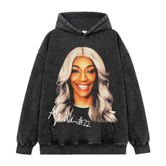 Vintage Wilson A'ja Printed Short Sleeve T-Shirt Washed Long Sleeve Crew Neck Loose Hooded Sweater Men