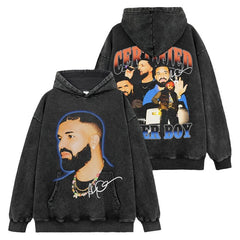 Vintage Drake DRAKE Printed Short Sleeve T-Shirt Washed Long Sleeve Crew Neck Casual Hooded Sweater Men