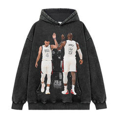 Vintage Tide Curry James Printed Short Sleeve T-Shirt Washed Long Sleeve Crew Neck Loose Hooded Sweater