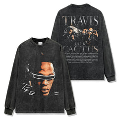 Hip Hop Travis Scott Printed Short Sleeve T-Shirt Washed Long Sleeve Loose Hooded Sweater