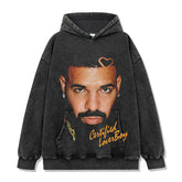 Vintage Drake Printed Short Sleeve T-Shirt Washed Old Long Sleeve Loose Hooded Sweater Men