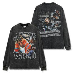Hip Hop JUICE WRLD Double-Sided Printed Washed Short Sleeve T-Shirt Loose Crew Neck Hooded Sweater Men