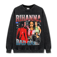 Vintage Rihanna Printed Short Sleeve T-Shirt Washed Long Sleeve Crew Neck Loose Hooded Sweater