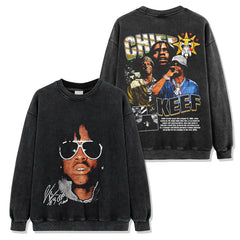 Hip Hop Chief Keef Printed Washed Short Sleeve T-Shirt Crew Neck Heavy Loose Hooded Sweater Men