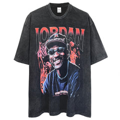 Vintage MJ Flying Printed Short Sleeve T-Shirt Vintage Washed Loose Crew Neck Heavy Pure Cotton Tide T