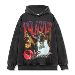 Vintage Hip Hop TRAVIS SCOTT Printed Short Sleeve T-Shirt Washed Long Sleeve Loose Hooded Sweater